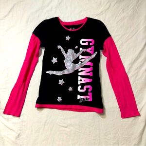 Justice Gymnastics Top Girl’s 8 Black Pink Glitter Long Sleeve Shirt Spring FUn